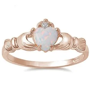 Authentic Irish Claddagh Rose Gold Plated White Opal & Cubic Zirconia .925 Sterling Silver