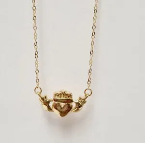 Authentic 14k Yellow Gold Plated Silver Claddagh Heart Hands Crown Pendant Necklace