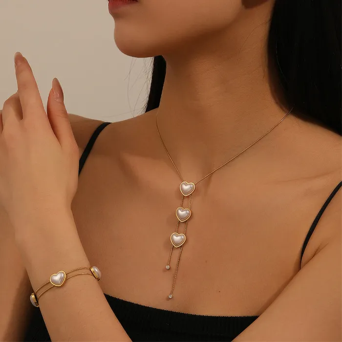 Authentic 316L Jewelry Japanese Sweet Style Pearl Heart Chain Necklaces Bracelets Earrings