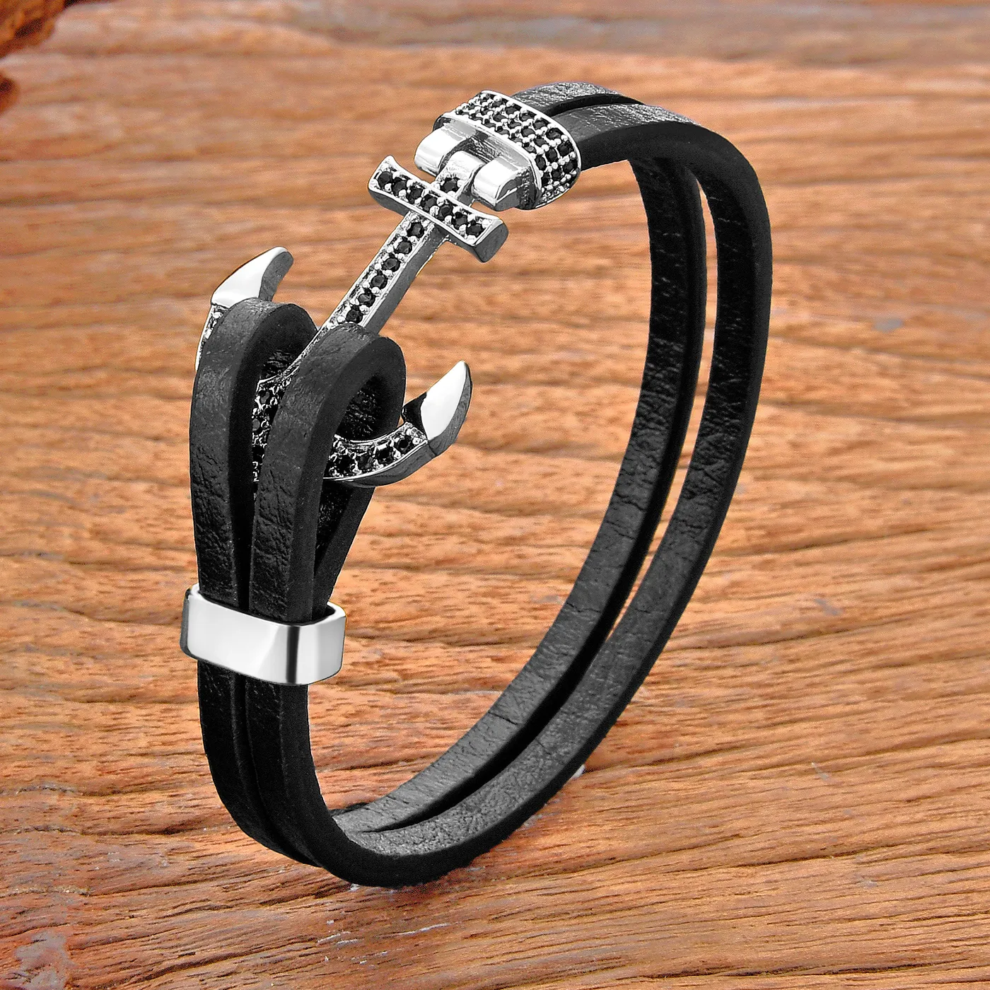 Authentic Trend Micro- Inlaid Zircon Anchor Shape Bracelet Balck Brown Double Leather Bangles Classic Jewelry Sport Buckle
