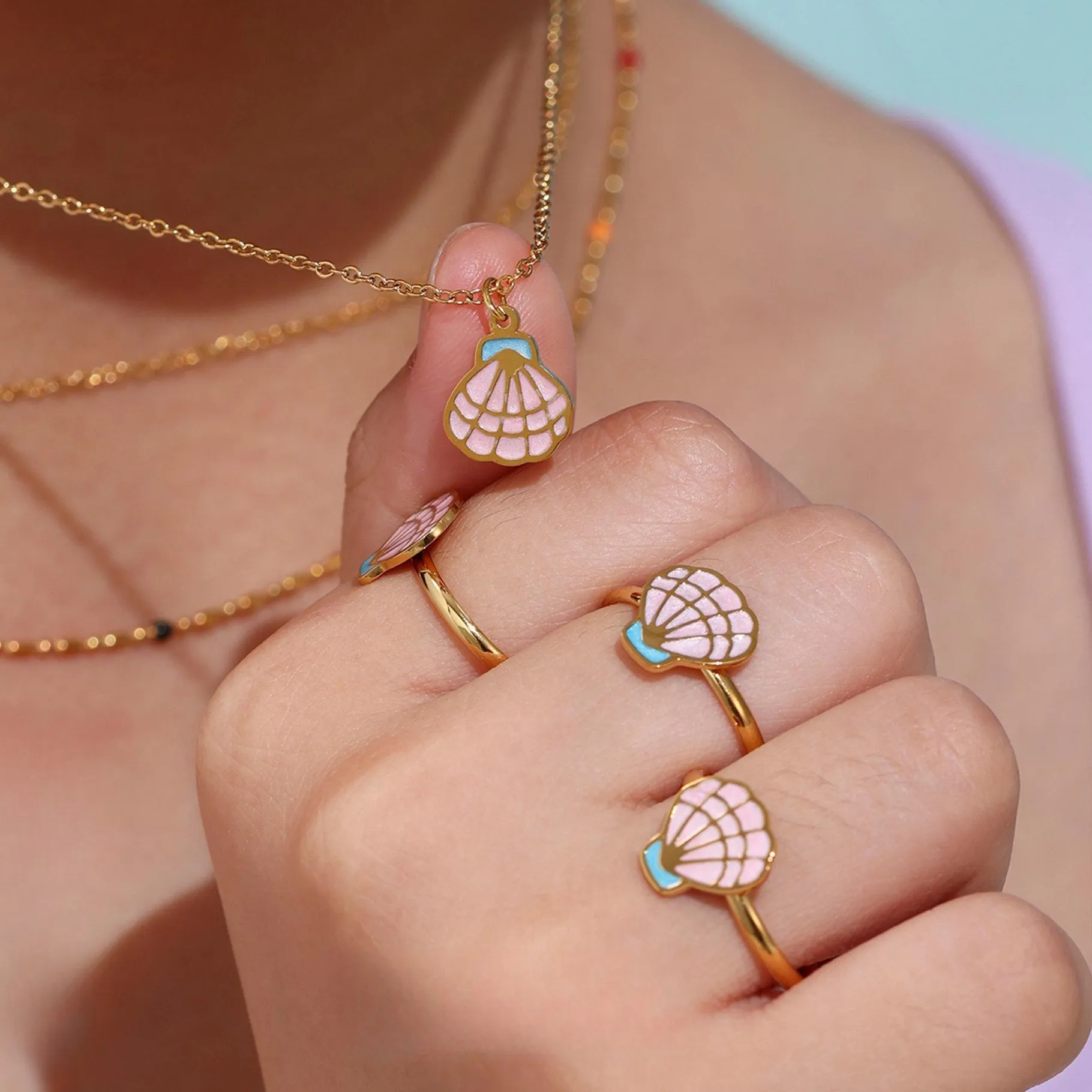 Authentic Pink Oil Dripping Shells Pendant Necklace Ring For Children Chic Jewelry Children