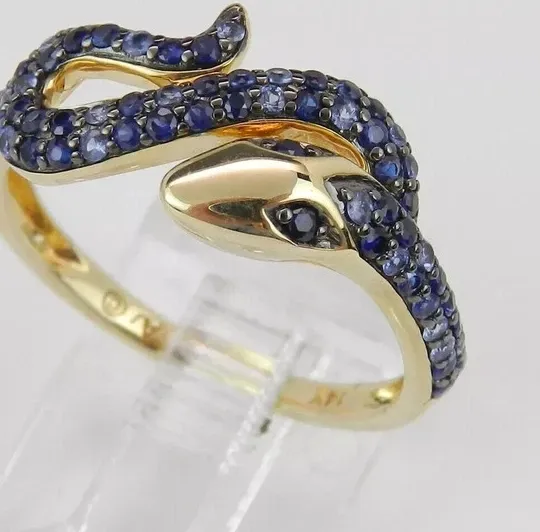Authentic 2.0Ct Lab-Created Sapphire Snake Blue Serpent Design Ring 14K Yellow Gold Plated