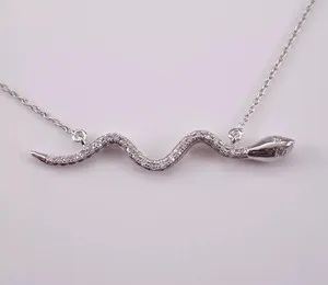 Authentic 0.20Ct Lab Created White Diamond Snake Serpent Bar Pendant 14K White Gold Plated