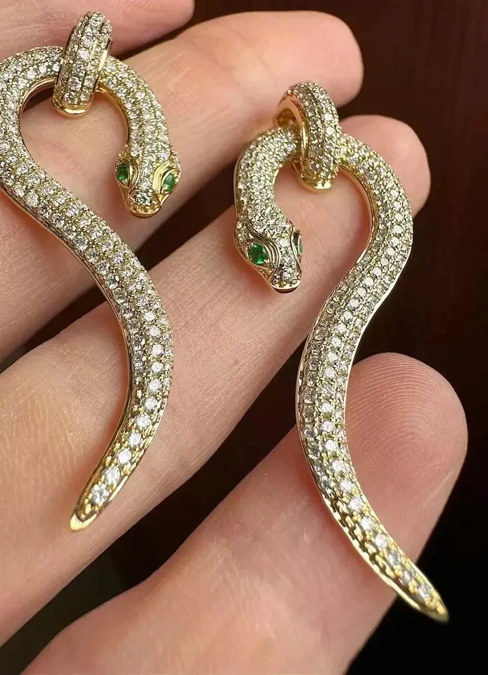 Authentic Serpent's Embrace: 2Ct Moissanite Dangle Earrings in 14K Gold Plated Radiance