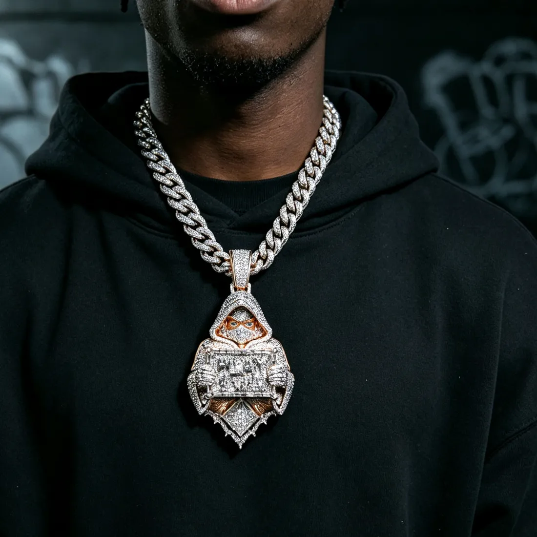 Authentic 3D Iced Out Hooded Mask Man Pendant Necklace Bling Fine Jewelry Friends With Letter Play 2 Win Hip Hop