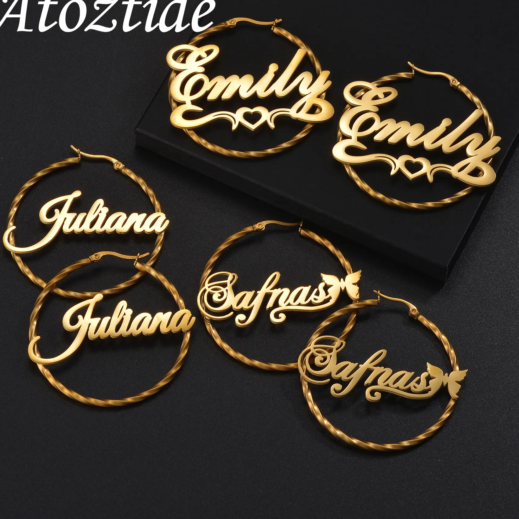 Authentic Atoztide Custom Name Hoop Earrings Personalized Twisted Wire Ear Loops Jewelry Weddings Birthday