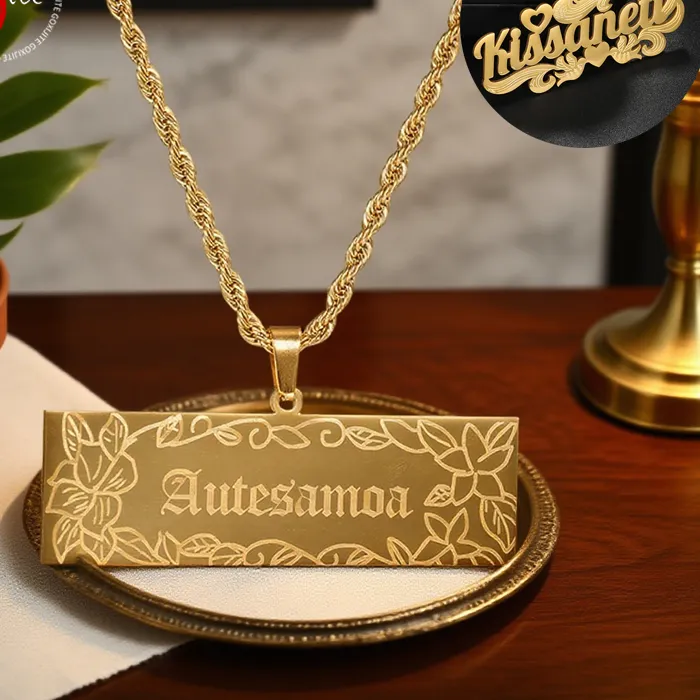 Authentic Goxijite Customized Big Nameplate Pendant Laser Marked Personalized Name Thick Chain Necklace Birthday