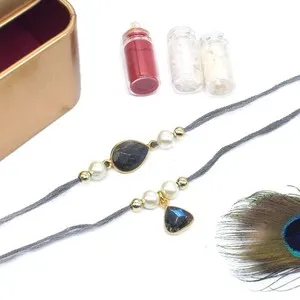 Authentic Labradorite Gold Plated Couple Rakhi for Bhai Bhabhi Handmade Bracelet Set W588