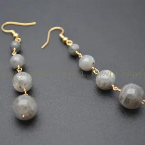 Authentic Fashion 6-12mm Gray Labradorite Round Gemstone Beaded Dangle Gold Plated Earring