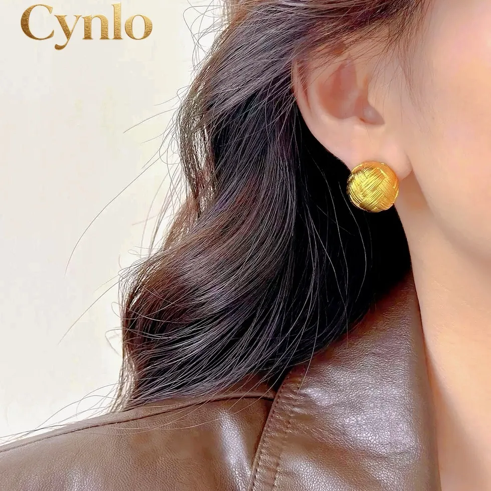 Authentic Cynlo Jewelry Woven Brushed Round Earrings 24K Gold Au999- Tiny Round Shape, Woven Design, For Afternoon T