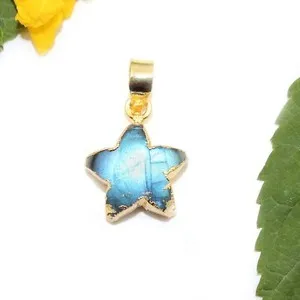 Authentic Natural Labradorite Spectrolite Starfish Shape Gold Plated Pendant Boho Jewelry