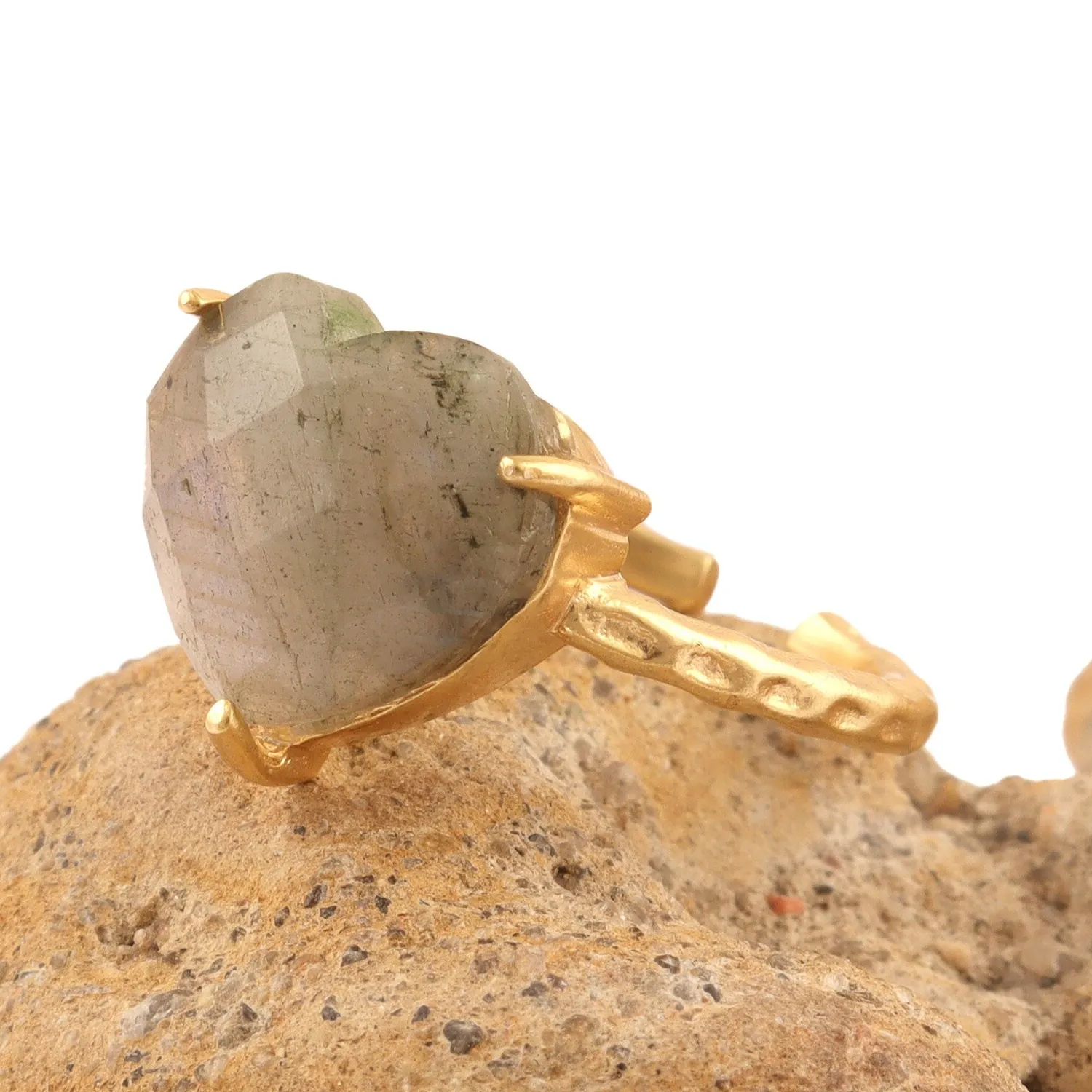 Authentic Fire Labradorite Heart Chekar Cut Gold Plated Prong Set Adjustable Ring Gemstone