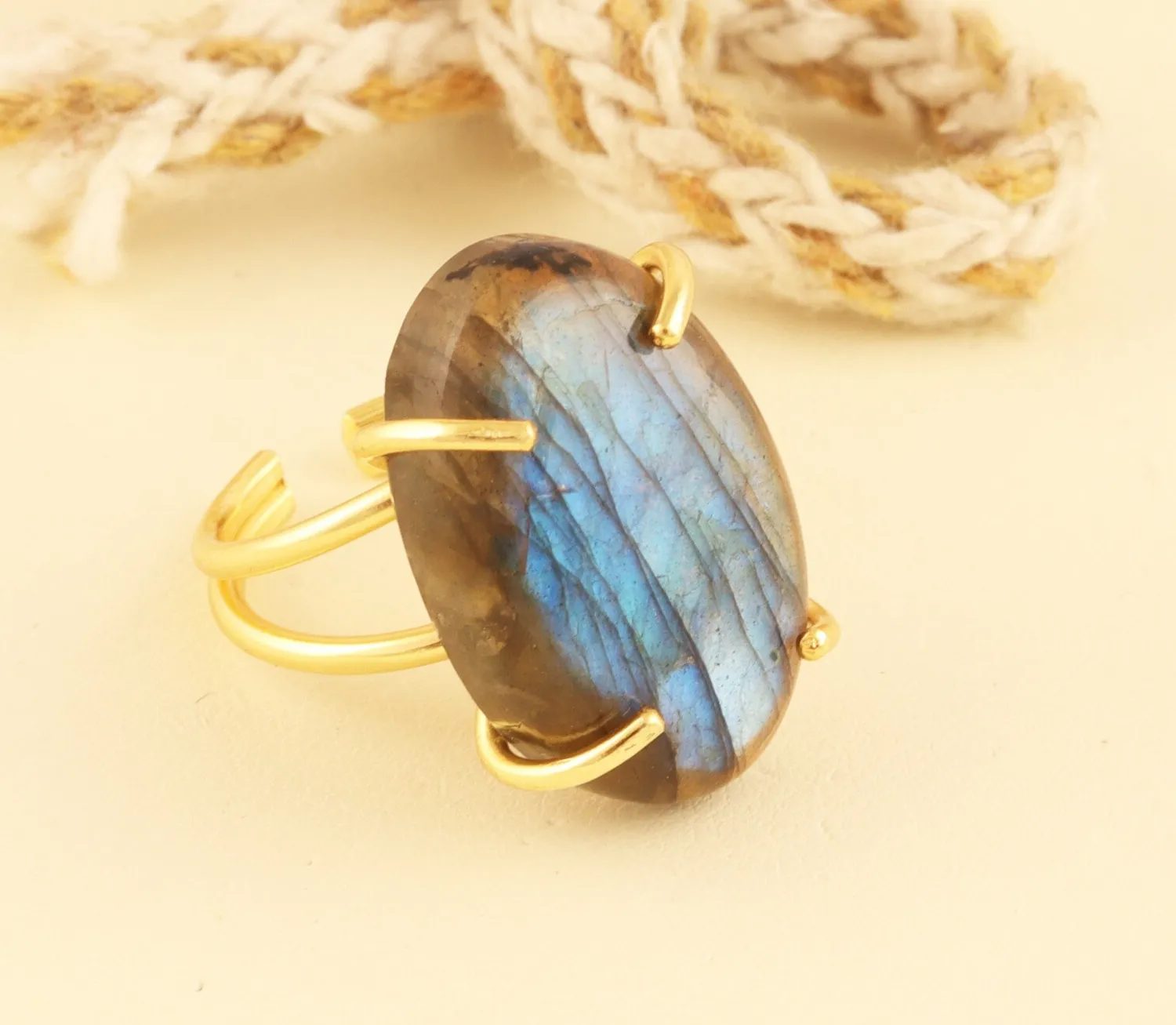 Authentic Natural Labradorite Yellow Gold Plated  Double Layer Adjustable Ring For Women