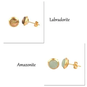 Authentic Round Stud Earrings. Natural Gemstone Gold Plated Handmade Dainty Stud Earrings