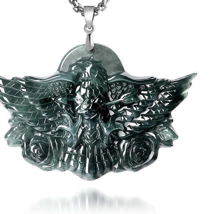 Authentic Natural A- Grade Jadeite Eagle Wing Pendant With Ice Black Chicken S925 Silver Inlaid Jade Hip- Hop And Styles