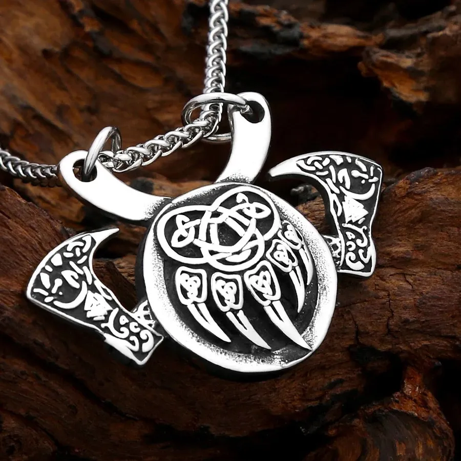 Authentic Viking Axe Bear Claw Pendant Necklace Celtic Knot Amulet Nordic Punk Jewelry