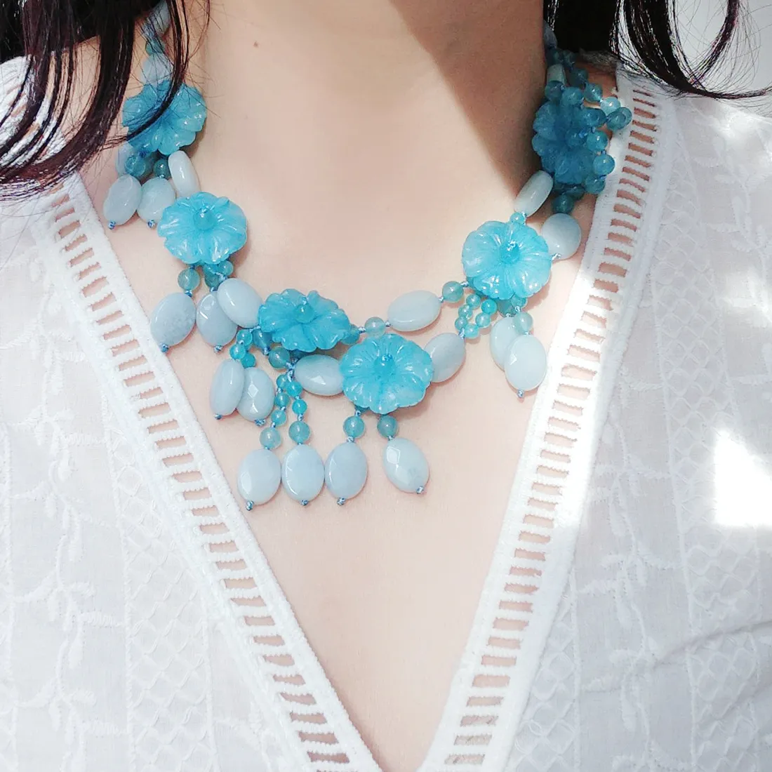 Authentic Lii Ji Real Stone Blue Aqua Jade Statemente Necklace Flowers Tassels Necklace 45Cm Jewelry