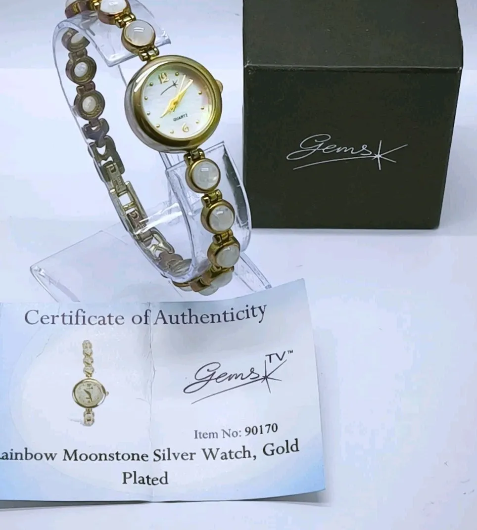 Authentic Moonlit Serenity: Rainbow Moonstone Watch with Protective Gold Plating