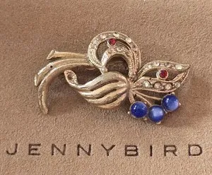 Authentic RETRO ARTSY BIRD RED EYE BLUE MOONSTONE GOLD-PLATED BROOCH PIN☆3~MISSING STONES