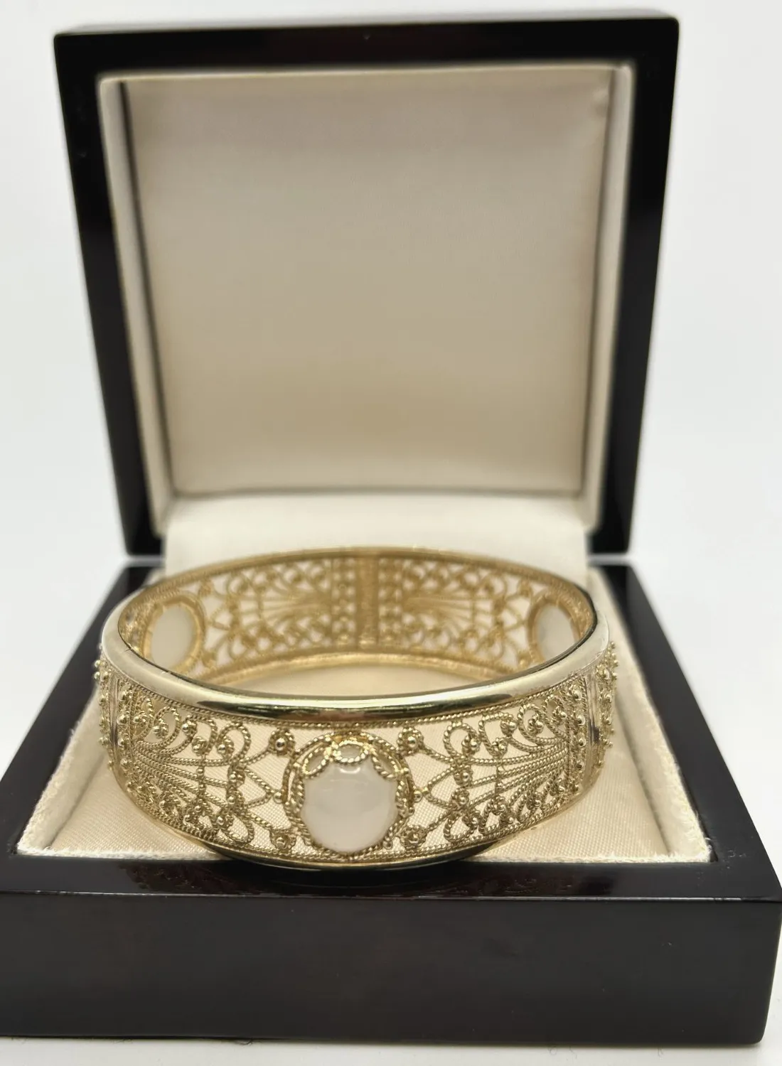 Authentic Moonlit Serenity: 14k Yellow Gold Plated Silver Bangle Adorned with Natural Moonstone