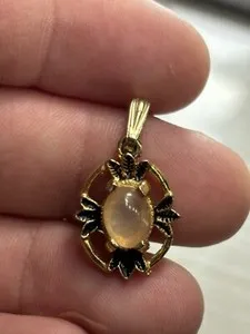 Authentic Vintage Feather Gold Plated Moonstone Cat Eye Pendant/ Charm