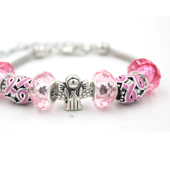 Authentic Arrival Breast Cancer Awareness Bracelet Heart Angel Pink Ribbon European Bead Bracelets Jewelry Bijoux Pulsera