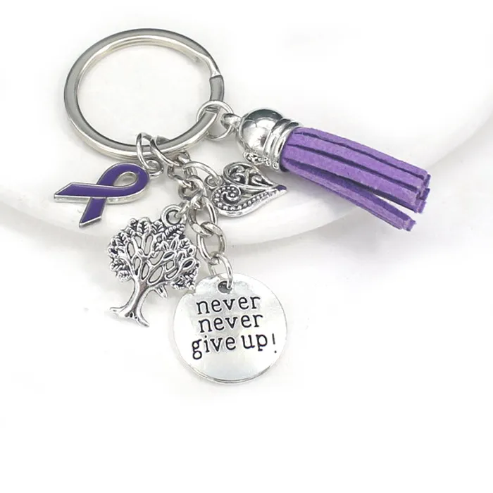 Authentic Arrival Purple Ribbon Awareness Keychain Keyring Pancreatic Cancer Alzheimer's Disease Key Chain Never Give Up Jewelry