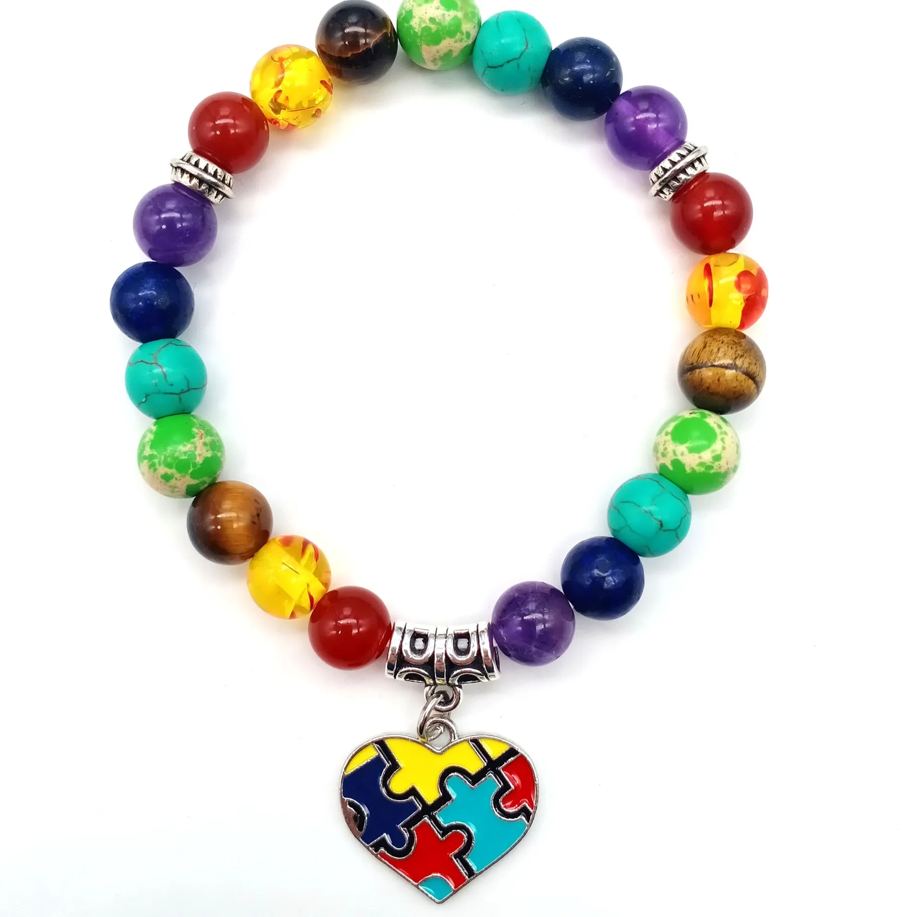 Authentic Handmade Multicolor Natural Stone Beaded Bracelet With Autism Awareness Ribbon Pendant Yoga