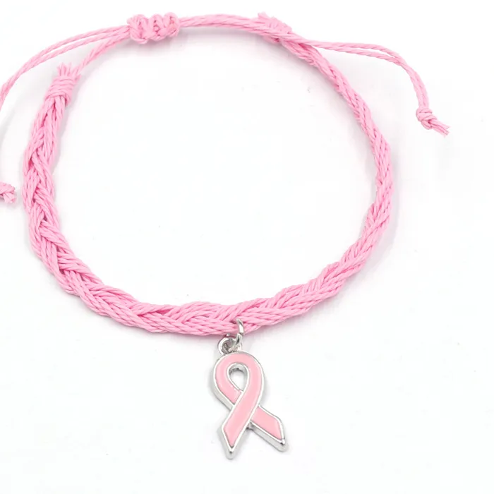 Authentic 10Pcs Breast Cancer Pink Ribbon Bead Bracelet Pink Pu Braid Leather Bracelets Jewelry Awareness