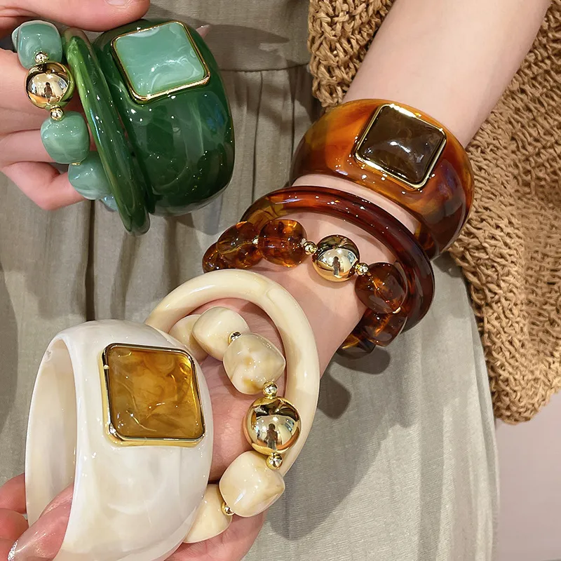 Authentic 3 Resin Wide Bangles Square Acrylic Chunky Bracelet Boho Vacation Stackable Wrist Jewelry K