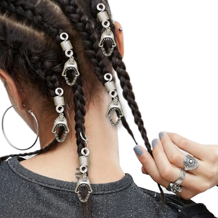 Authentic Rechicgu 5X Viking Shark Tooth Jaws Beard Bead Rasta Dreadlocks Braid Hair Clip Pin Headband Jewelry Accessories
