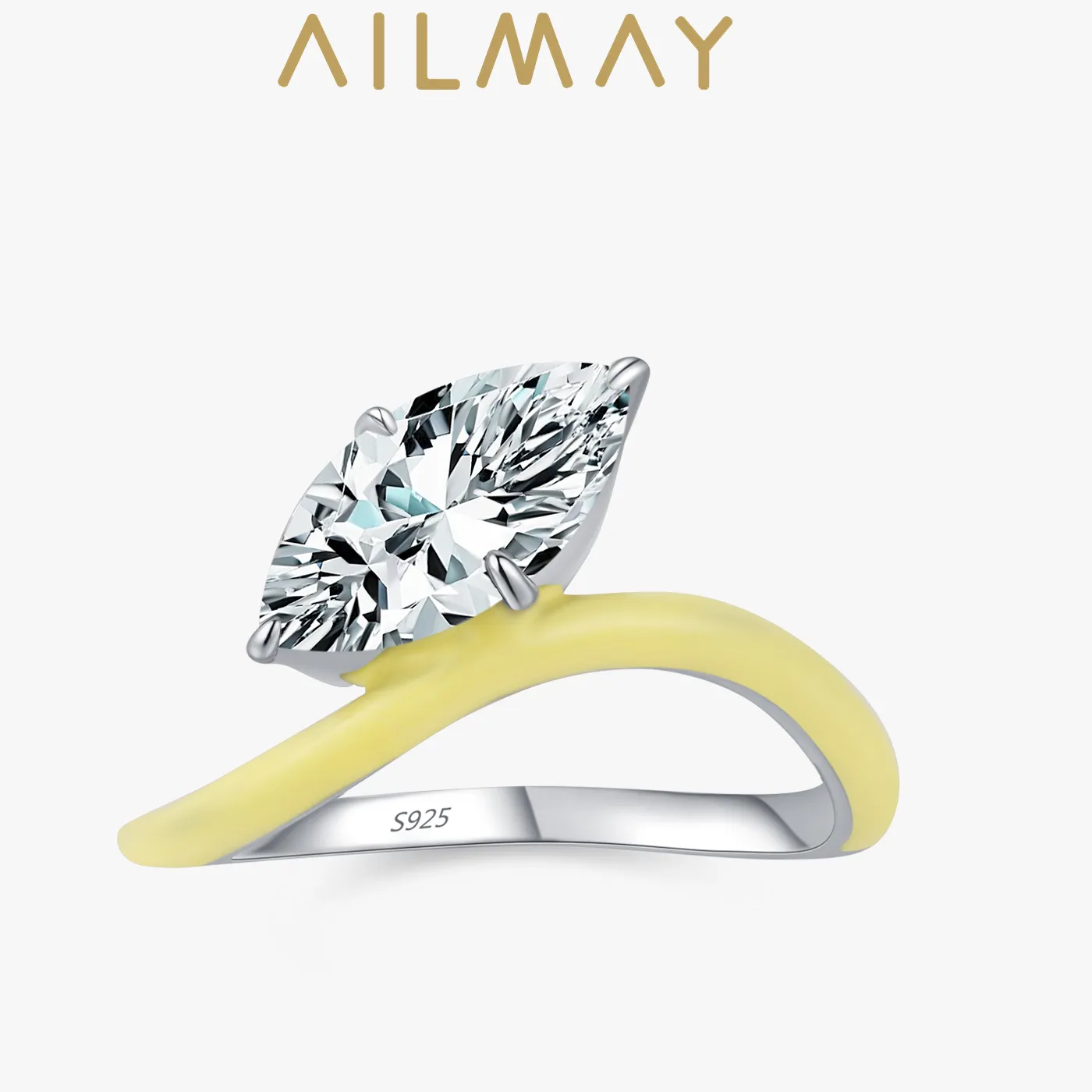Authentic Ailmay 925 Sterling Silver Horse Eye Zircon Ring Yellow Enamel Jewelry