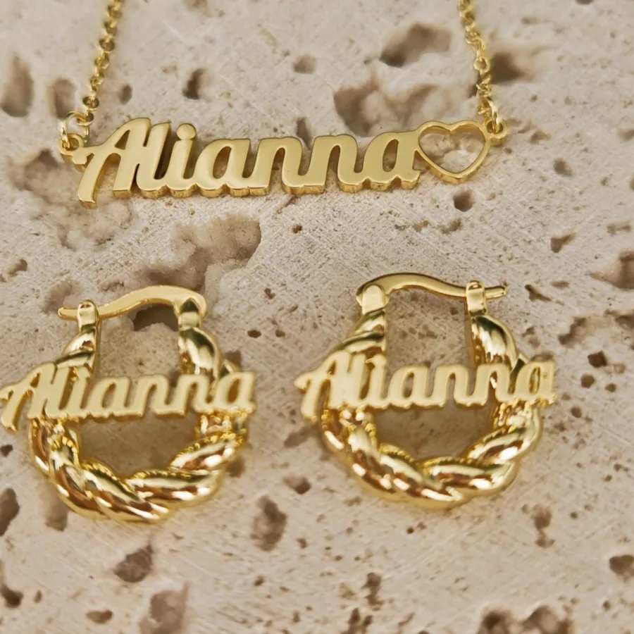 Authentic Leechee Girls' Hollow Heart Custom Name Hearts Necklace 18Mm Twist Mini Hoop Earrings Jewelry