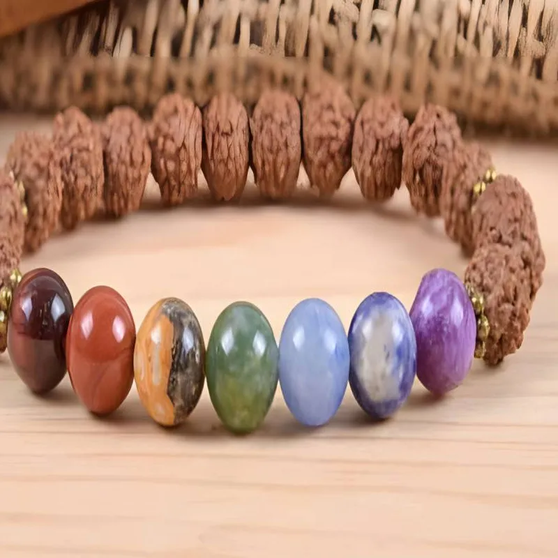 Authentic 8Mm Rudraksha 7 Chakras Gemstone Mala Bracelet Natural Stone Hand Zazen Jewelry Chakra Mala Tassel Meditation Elastic