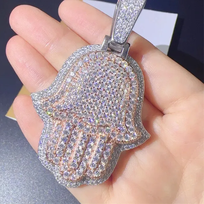 Authentic Hiphop Iced Real Moissanite Hamsa Pendant 925 Sterling Silver D Color Moissanite