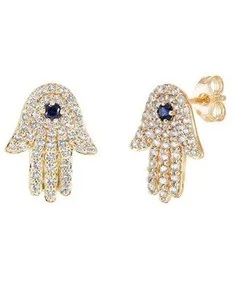 Authentic Gold Plated Hamsa Hand Stud Earrings Blue Crystal Center Pavé Setting