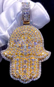 Authentic 2Ct Round Men's Certified Moissanite Hamsa Hand Pendant 14K Yellow Gold Plated