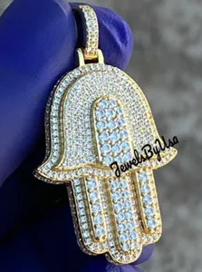 Authentic The Celestial Shield 3CT Moissanite Hamsa Hand Pendant in Radiant Yellow Gold Plated Silver