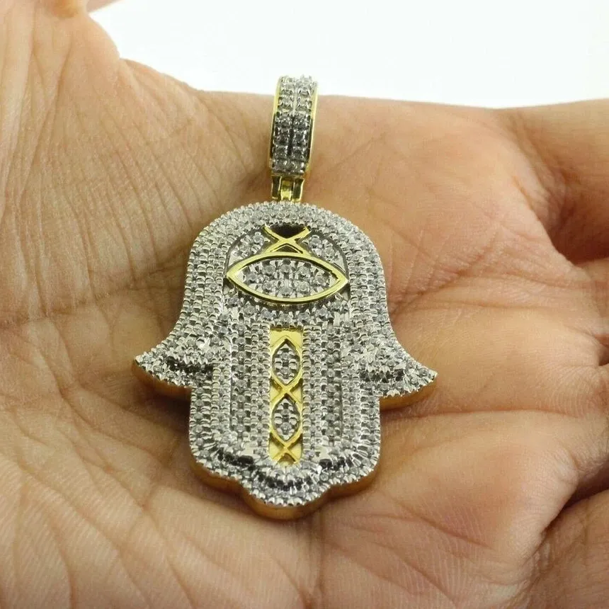 Authentic 2.00 Ct Round Cut Moissanite Hamsa Hand Pendant 14K Yellow Gold Plated
