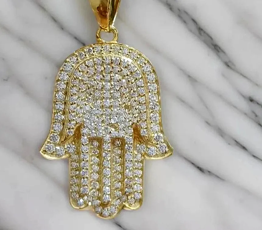 Authentic 2.00 Ct Round Cut Moissanite Hamsa Hand Charm Pendant 14K Yellow Gold Plated