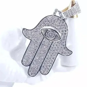 Authentic 3.10Ct Round Cut Real Moissanite Hamsa Hand Men's Pendant 14K White Gold Plated