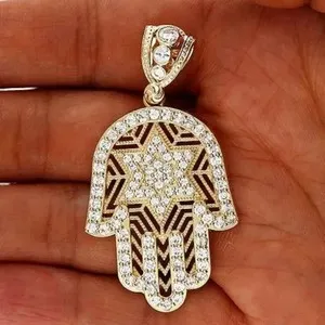 Authentic Star Hamsa Hand Pendant Certified Moissanite 14K Yellow Gold Plated Round 1.Ct