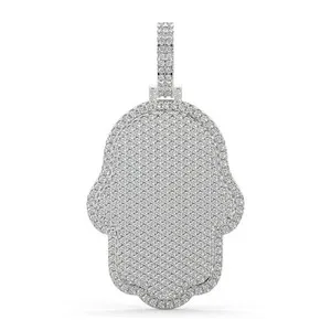 Authentic 3Ct Round Cut Real Moissanite Hamsa Hand Pendant 14K White Gold Plated