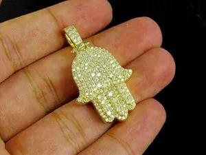 Authentic Shield of Abundance: 2Ct Round Cut Lab Created Diamond Hamsa Hand Men's Pendant 14K Yellow Gold Plated