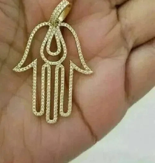 Authentic 14K Yellow Gold Plated Hamsa Hand Charm Pendant Round Cut 1 Ct VVS1 Moissanite