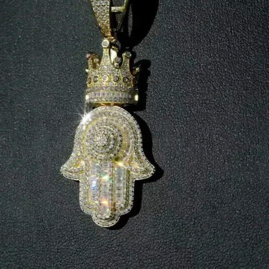 Authentic 2Ct Round Cut Moissanite Crown Hamsa Pendant Chain 14K Yellow Gold Plated