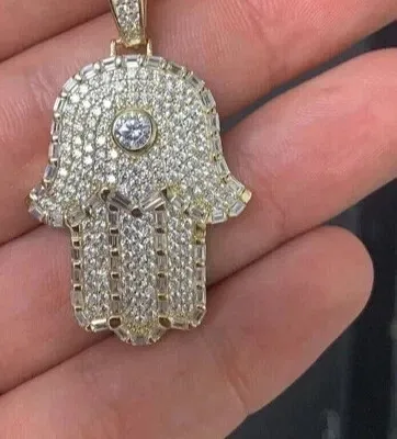 Authentic Radiant Hamsa Hand Moissanite Talisman in 14K Yellow Gold Plated