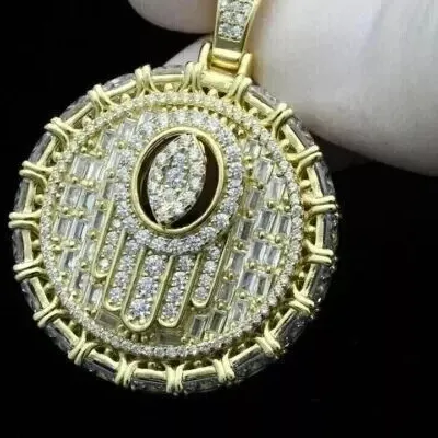Authentic Lab Created Diamond 2.40cts Round Evil Eye Hamsa Pendant 14K Yellow Gold Plated