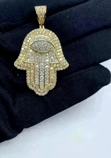 Authentic 14K Yellow Gold Plated Hamsa' Hand Pendant 1.00Ct Round Cut Certified Moissanite