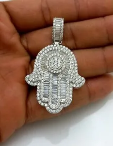 Authentic 925 Sterling Silver 14k Gold Plated Hamsa Hand Pendant Iced Baguette Moissanite